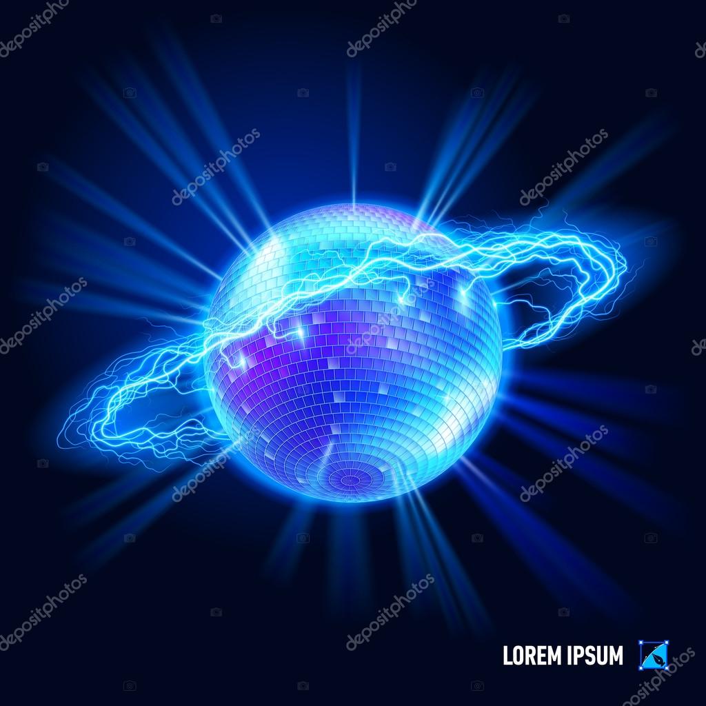 Disco ball surrounded by a stream of blue energy in the space Stock