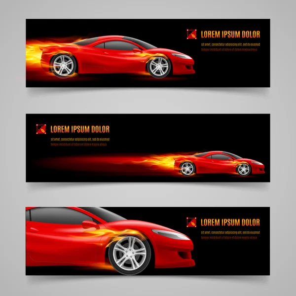 Conjunto de banners com carro de corrida em chama laranja — Vetor de Stock