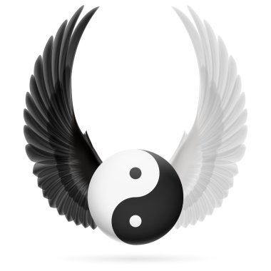 Traditional Chinese Yin-Yang symbol with raised up black and white wings clipart