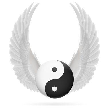Traditional Chinese Yin-Yang symbol with raised up white wings clipart