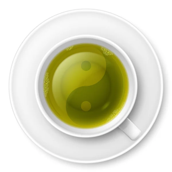 Cup of green tea with traditional Chinese Yin-Yang symbol — Stock Vector