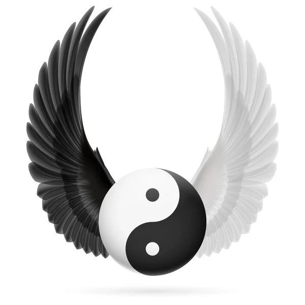 Traditionella kinesiska Yin-Yang symbol med upphöjda upp svarta och vita vingar — Stock vektor