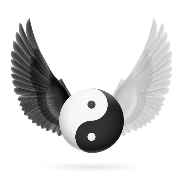 Hagyományos kínai Yin-Yang szimbólum, fekete-fehér szárnyakkal — Stock Vector