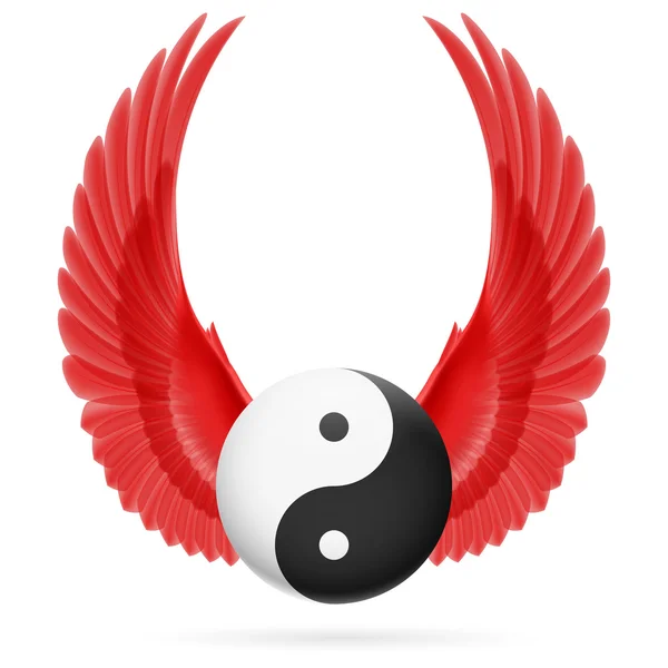 Traditionella kinesiska Yin-Yang symbol med upphöjda upp röda vingar — Stock vektor