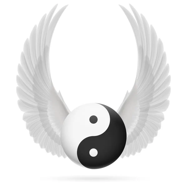 Traditional Chinese Yin-Yang symbol with raised up white wings — Stock Vector