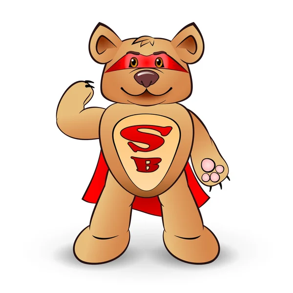 Super oso vestido con una capa roja con las letras S y B de pie sobre fondo blanco — Vector de stock