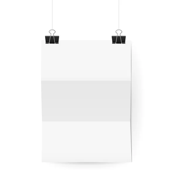 Weißes Papierblatt, das an Büroklammern auf weißer Basis hängt — Stockvektor