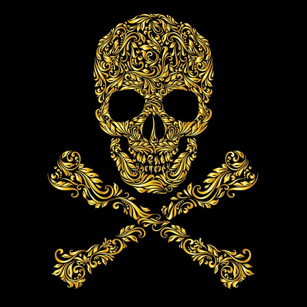 Floral gold pattern of form skull with crossbones on the black background — Stock Vector