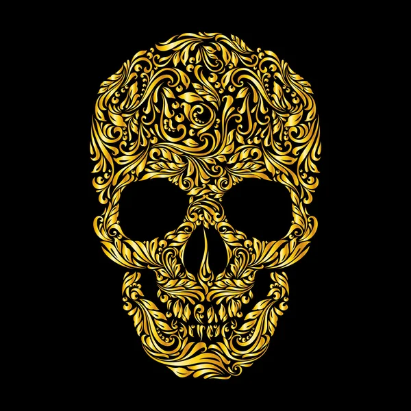 Floral gold pattern of form skull on the black background — Stock Vector