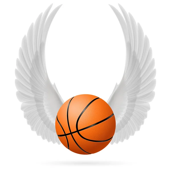 Beyaz arka plan üzerinde basketbol ile beyaz kanatları — Stok Vektör