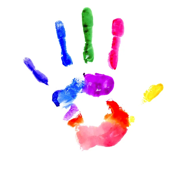 Huella de mano en colores vibrantes del arco iris — Vector de stock