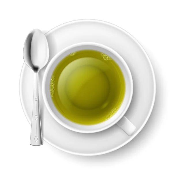Kopp grönt te med sked över vit bakgrund — Stock vektor