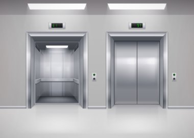 Açık ve kapalı Modern Metal Asansör kapıları. Hall iç gri renklerde