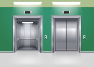 Açık ve kapalı Modern Metal Asansör kapıları. Hall iç yeşil renklerde