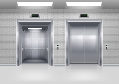 Açık ve kapalı Modern Metal Asansör kapıları bir tuğla duvar