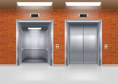 Açık ve kapalı Metal Asansör kapıları bir tuğla duvar