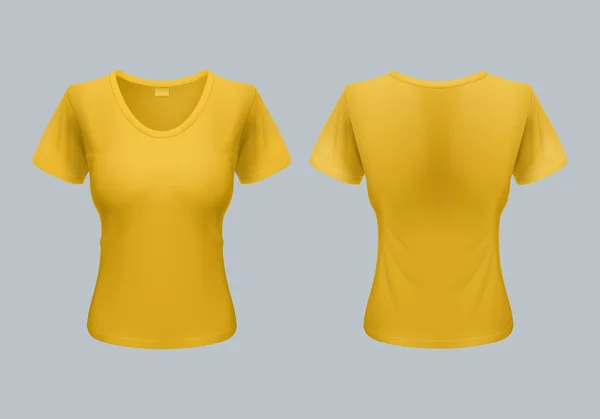 Mulheres T-Shirt modelo de volta e vistas dianteiras em amarelo — Vetor de Stock