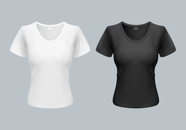 Mulheres T-Shirt modelo de volta e vistas dianteiras em preto e branco — Vetor de Stock