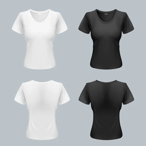 Vrouwen T-Shirt sjabloon Set terug en Front weergaven in zwart-wit — Stockvector