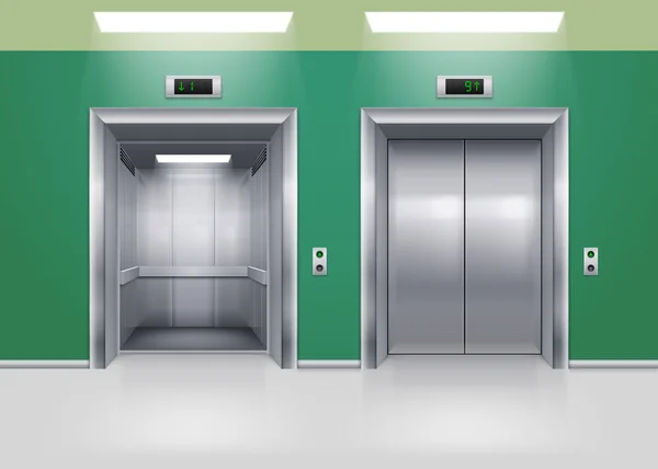 Portas de elevador de metal modernas abertas e fechadas. Hall Interior em cores verdes —  Vetores de Stock