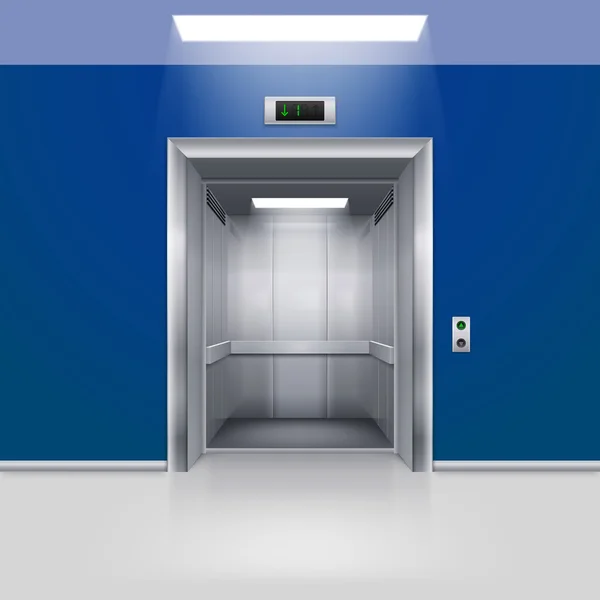 Realistic Empty Modern Elevator with Open Door in Blue Hall — Stock Vector