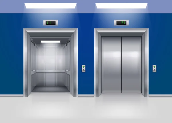 Puertas elevadoras de metal moderno abiertas y cerradas. Interior de la sala en colores azules — Vector de stock