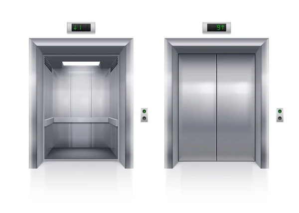 Open en gesloten moderne metalen lift deuren op witte achtergrond — Stockvector