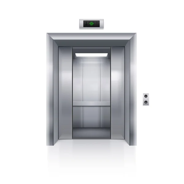 Porta de elevador de metal meio aberta cromada no fundo branco — Vetor de Stock