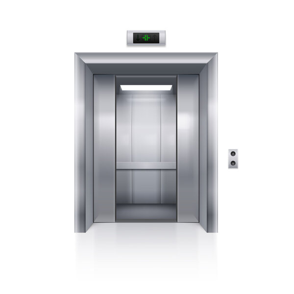 Half Open Chrome Metal Elevator Door on White Background