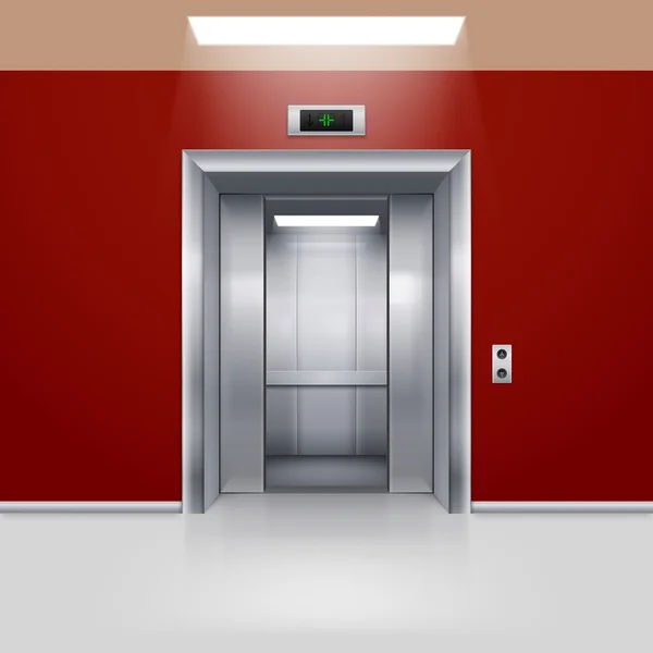 Реалистичный пустой лифт с полуоткрытой дверью в красном вестибюле — стоковый вектор