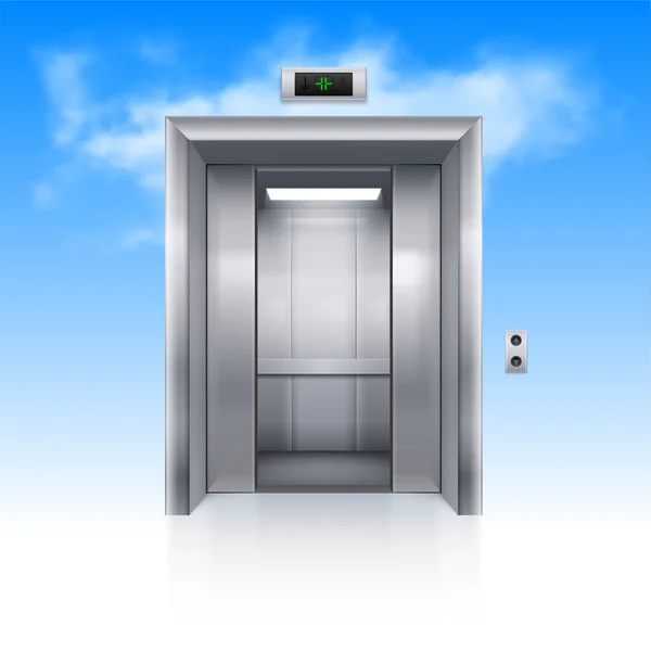 Halb geöffnete Chrom-Metall-Fahrstuhltür im Himmel — Stockvektor