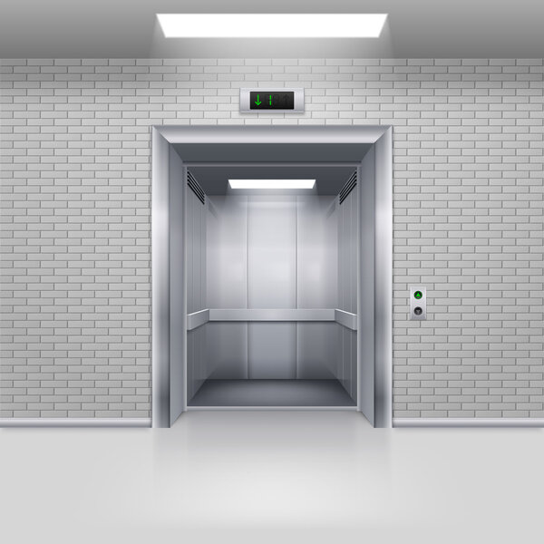 Современный лифт с открытой дверью в кирпичной стене

