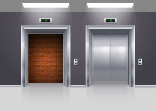Открытые и закрытые современные металлические двери лифта с замком
