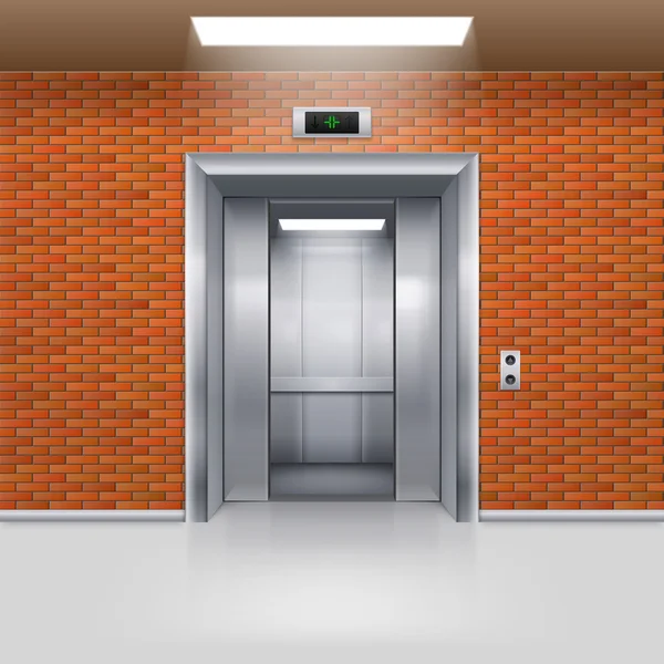 Puerta de ascensor de metal medio abierta en una pared de ladrillo — Vector de stock