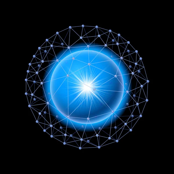 Bola azul brilhante dentro da rede de internet em um fundo preto —  Vetores de Stock