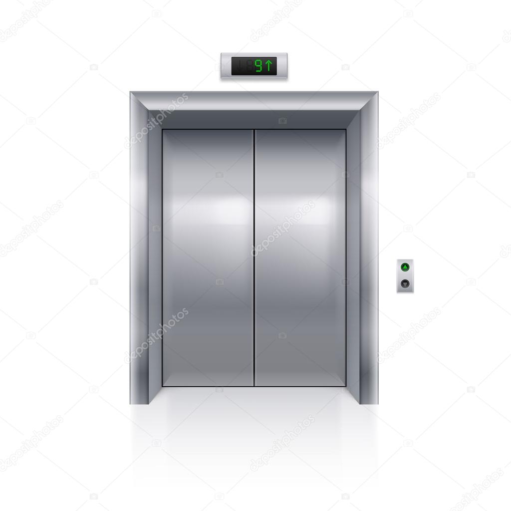 Realistic Metal Modern Elevator with Closed Door on White Background