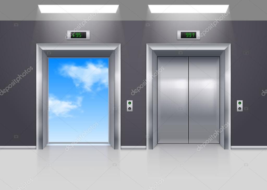 Cielo ascensores | Puertas de ascensores metálicos abiertos y cerrados