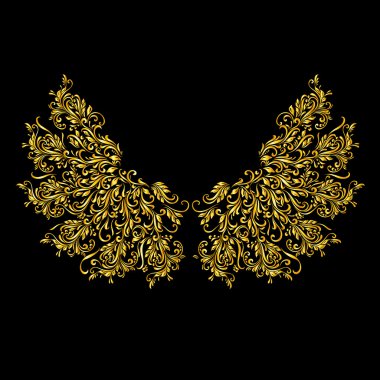 Siyah arka planda kanat şeklinde sarmaşık desenleri.