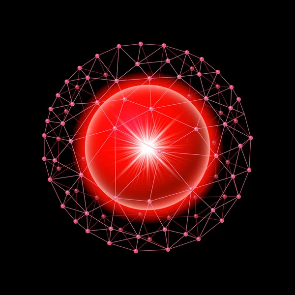 Brillante bola roja dentro de la rejilla de Internet sobre un fondo negro — Vector de stock