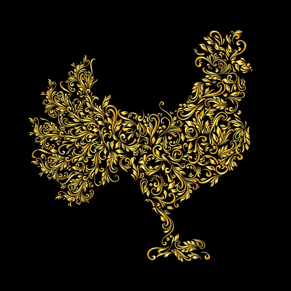 Floral gold pattern of vines in the shape of a cock on a black background — Stock Vector