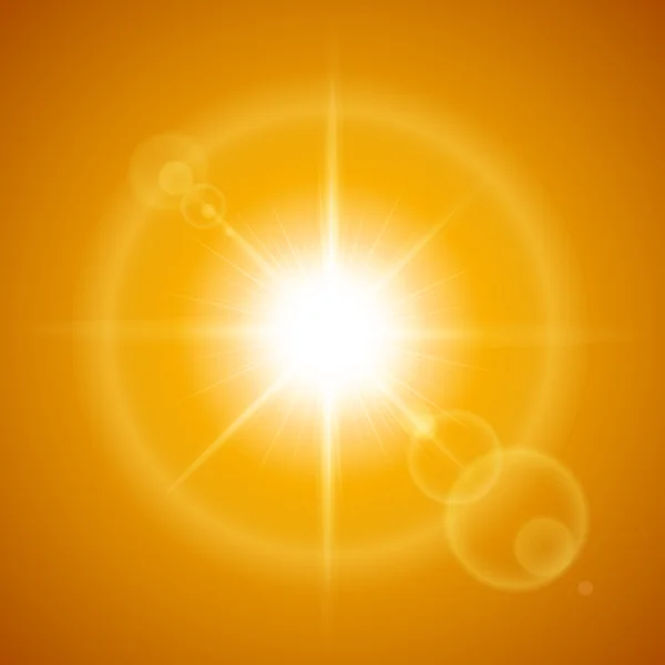 Gloeiende zon met lensflare over oranje achtergrond — Stockvector