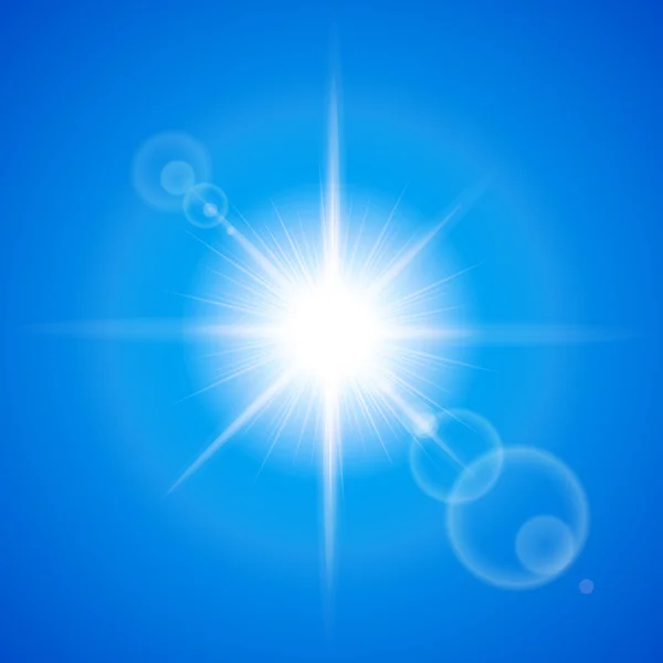 Gloeiende zon met lensflare over blauwe achtergrond — Stockvector