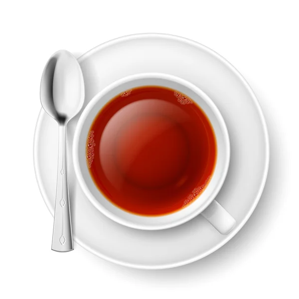 Xícara de chá preto com colher sobre fundo branco — Vetor de Stock