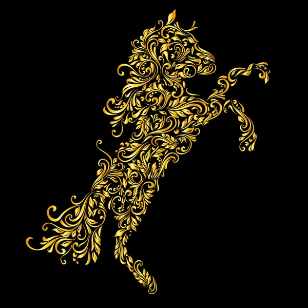 Floral gold pattern of vines in the shape of a horse on a black background — Stock Vector