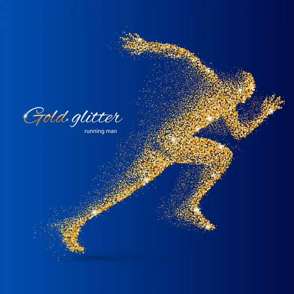 Courir l'homme sous la forme de particules d'or sur bleu — Image vectorielle