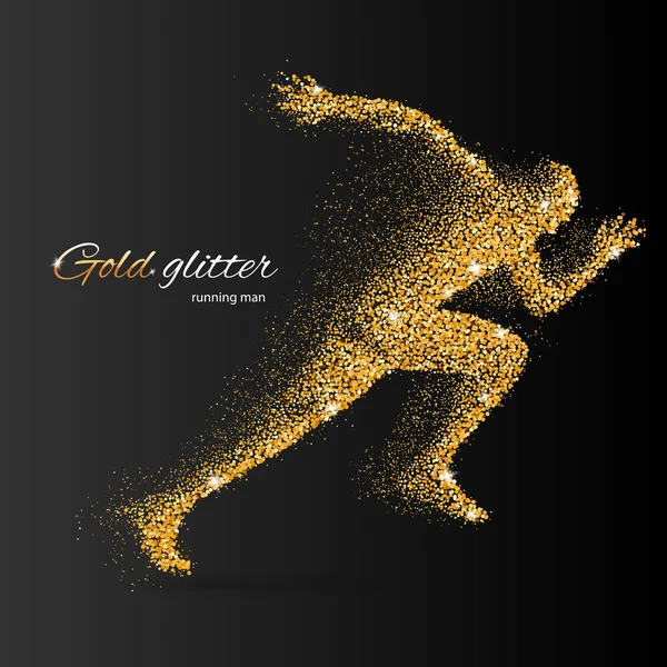 Hombre corriendo en forma de partículas de oro en negro — Vector de stock