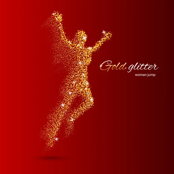 Springende Frau in Form von Goldpartikeln auf Rot — Stockvektor