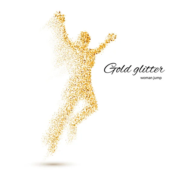 Mulher pulando na forma de partículas de ouro no branco — Vetor de Stock