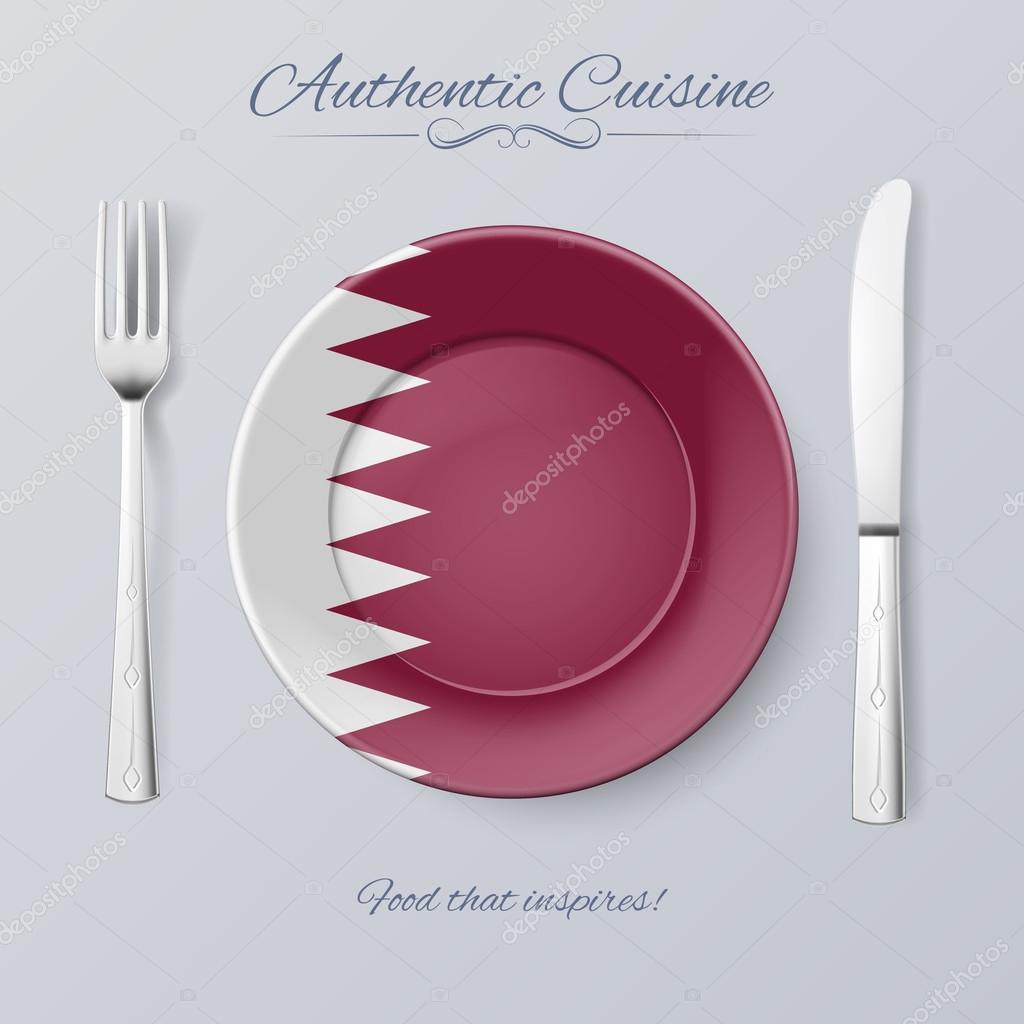 Authentic Cuisine of Qatar. Plate with Qatari Flag and Cutlery Stock