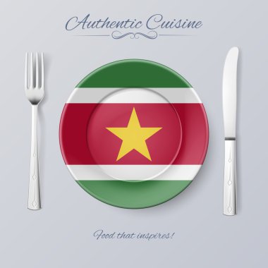 Authentic Cuisine of Suriname. Plate with Surinamese Flag and Cutlery clipart